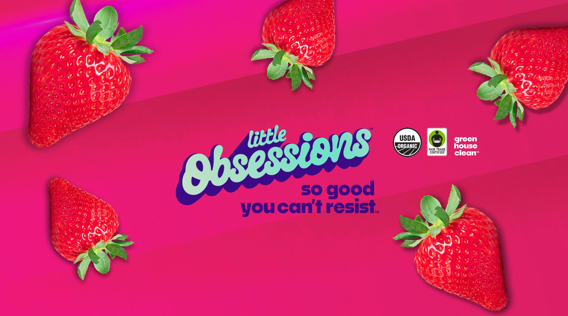 A vibrant promotional banner for Little Obsessions strawberries, featuring bright red strawberries on a pink background with the tagline “so good you can’t resist.”