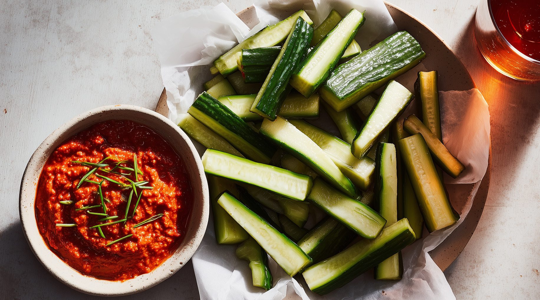 Mini Cucumber Fries & Roasted Bell Pepper Dipper