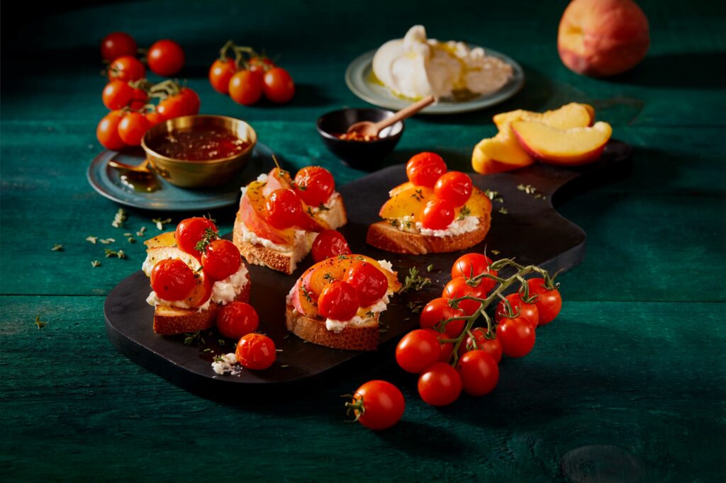 Peach Burrata Crostini with Cherry Tomato Vinaigrette